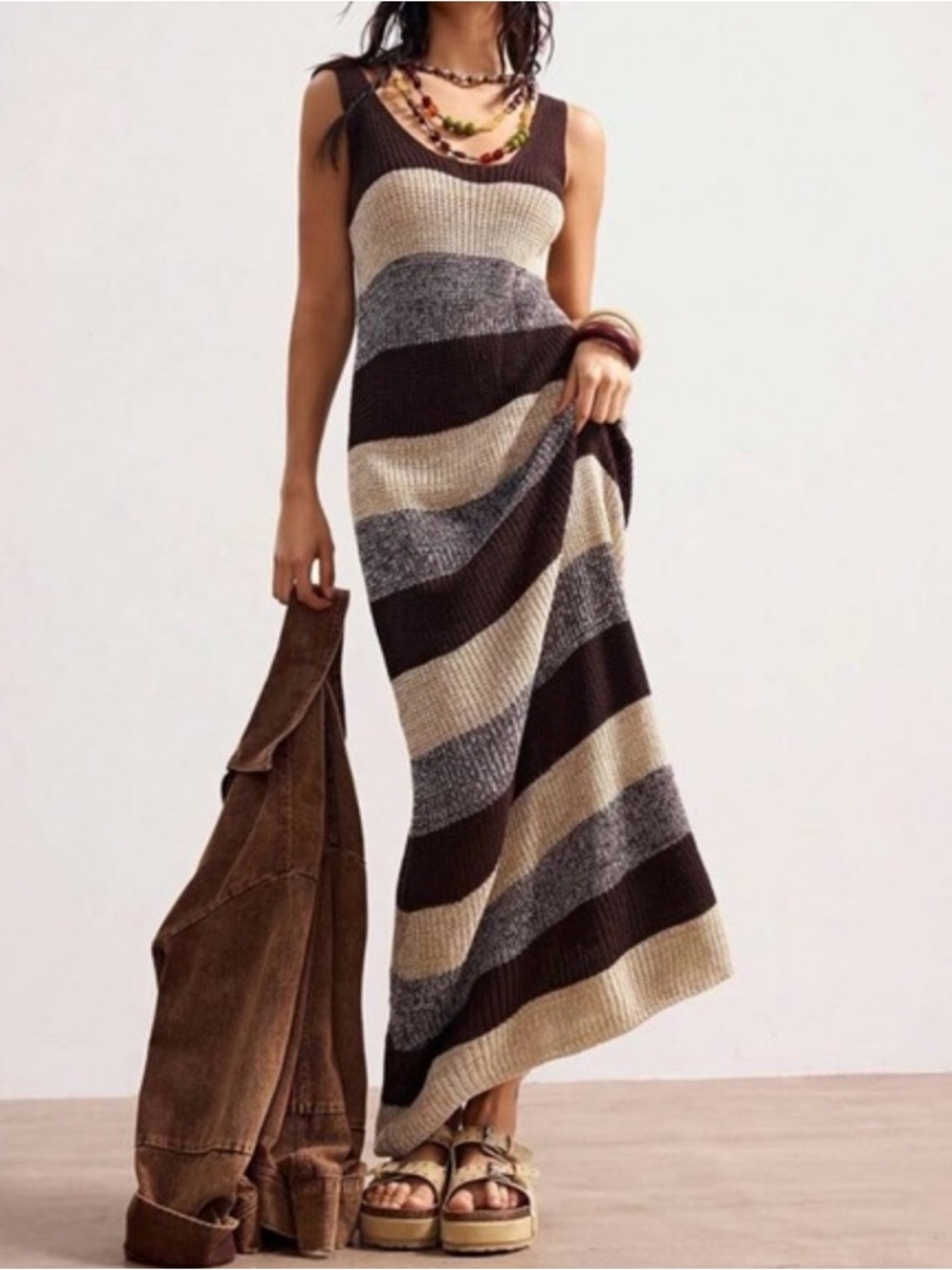 Striped Knit Maxi Dress in Brown, Cream & Gray